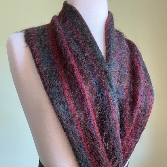 Mohair Knit Scarf, Vintage Striped Winter Shawl Scarf, Soft Wool, Plum Burgundy - Picture 3 of 8